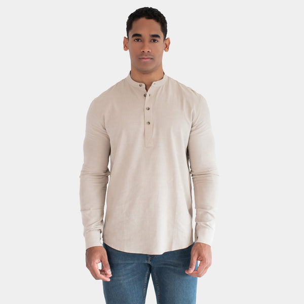 Camisa de Manga Larga de LIno con Media Aletilla