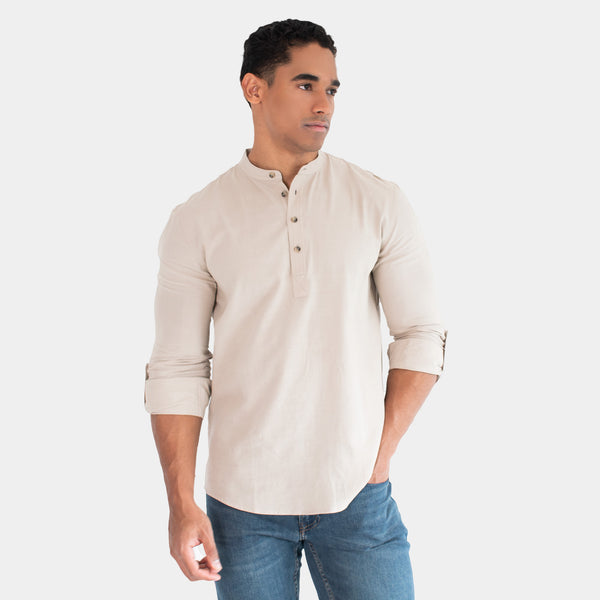 Camisa de Manga Larga de LIno con Media Aletilla