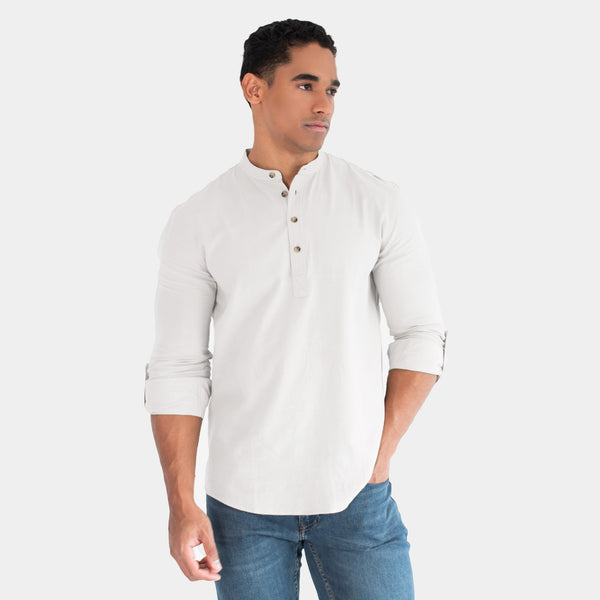 Camisa de Manga Larga de LIno con Media Aletilla