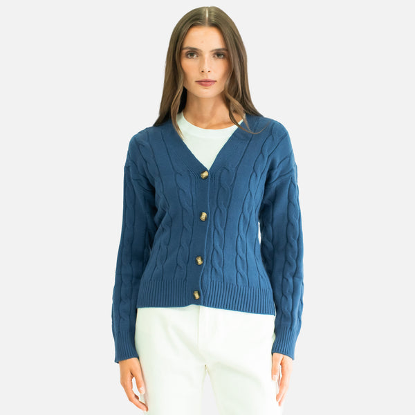 Suéter Tejido Trenzado Con Botones y Escote en V