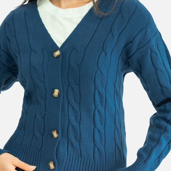 Suéter Tejido Trenzado Con Botones y Escote en V