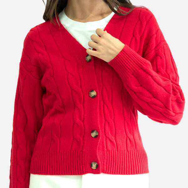 Suéter Tejido Trenzado Con Botones y Escote en V